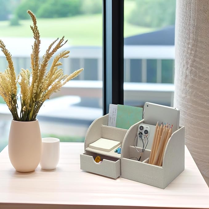 UnionBasic Desk Organizer - Multifunctional Leather Desktop Pen Holder Storage Box - Business Card/Pen/Pencil/Mobile Phone/Stationery Holder, Beige