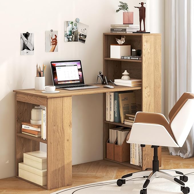 Tangkula Computer Desk with Bookshelf, Writing Study Desk with Storage Shelves & CPU Stand, Modern Compact Computer Workstation for Home & Office, Space-Saving Design(Natural)