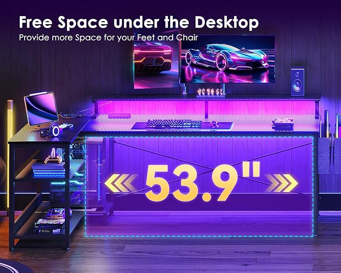 ODK 66 Inch Gaming Desk with USB Charging Ports and LED Lights, Reversible L Shaped Computer Desk with Storage Shelves & Monitor Stand, Corner Gamer Desk Table with Power Outlets, Carbon Fiber Black