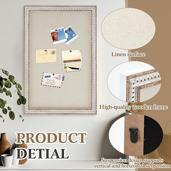 Vintage Framed Pin Board Linen Display Bulletin Board Large Cork Fabric Picture Photo Pinboard Memo Ornate Decorative Pinboard Ornate for Wall Gift(Rectangle,24" X 36",Retro White)