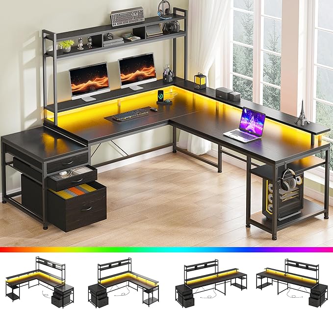 EnHomee 64 x 60 Inches L Shaped Desk with Hutch and Drawers, Gaming Desk with Power Outlet & Monitor Stand & LED Lights, Computer Corner Desk, Two Person Office Desk for Living, Gaming Room, Black