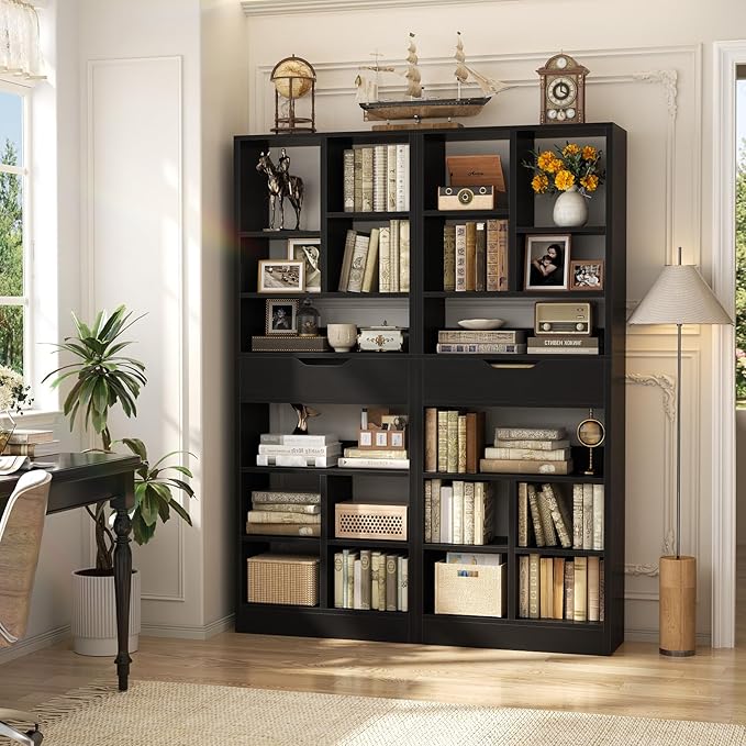 Armocity 8-Tier Tall Bookshelf with Drawer, 73.6" Narrow Freestanding Bookcase, Space-Saving Wood Display Shelves Storage for Living Room, Home Office Bedroom, Black