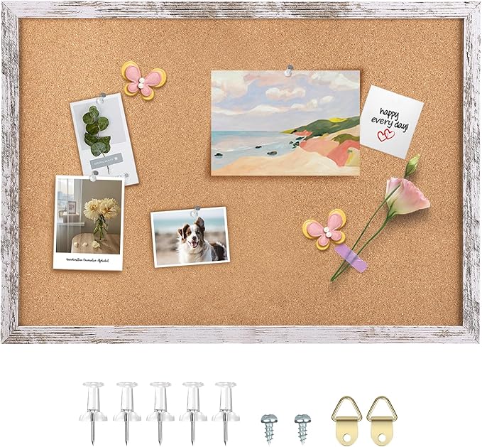 Cork Board Bulletin Board, 29.5x19.7 inches Decorative Hanging Framed Cork Boards for Walls, Pin Board Vision Board for School Home Office, Bulletin Board with Wooden Frame (5075,WH,1pc)