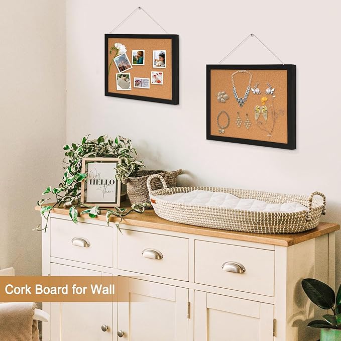 Double-Sided Cork Board for Wall, 16" x 12" Hanging Wood Framed Small Bulletin Board, Picture Display Vision Board Corkboards for Wall Room School Office Decor, 20 Pushpins (Black)