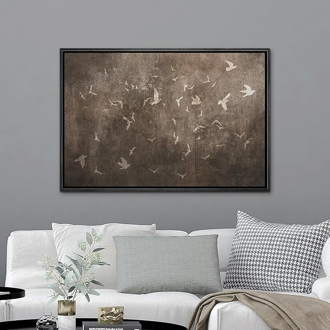 MUDECOR Framed Canvas Print Wall Art Abstract Birds in Flight Subtle Brown Tones Illustrations Minimalism Decorative Relax Colorful for Living Room, Bedroom, Office - 24"x36" BLACK