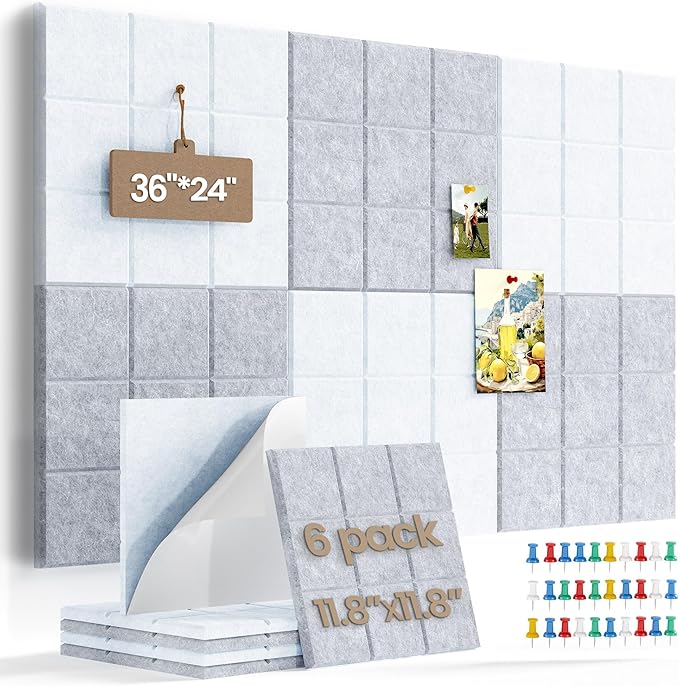 Large Felt Board Tiles for Wall with 30 Push Pins, 11.8"x11.8" Pack of 6 Pin Board Notice Boards for Home Office Kitchen, Bulletin Board Wall Tiles for Photos Memos (Grey+White, 6 Pack)
