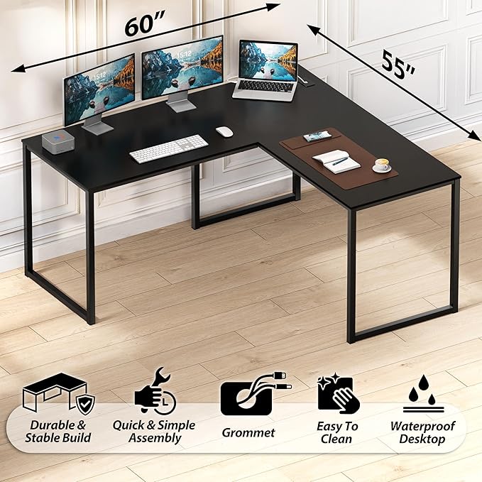 SHW Mission 55 x 60 Inches L-Shape Home Office Computer Desk, Black