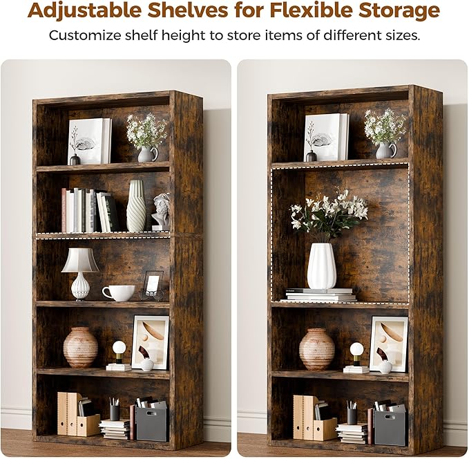 5-Tier Bookcase and Bookshelves, Freestanding Wood Bookshelf, 53" Tall Bookcase with Adjustable Shelves, for Living Room, Bedroom, Home Office, Retro Brown