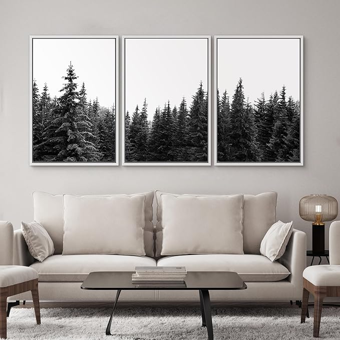 SIGNWIN 3 Piece Framed Canvas Wall Art Woodland Nursery Decor Black and White Forest Photo Nature Illustrations Abstract Traditional Home Artwork Decoration for Living Room,Bedroom - 24"x36"x3 White