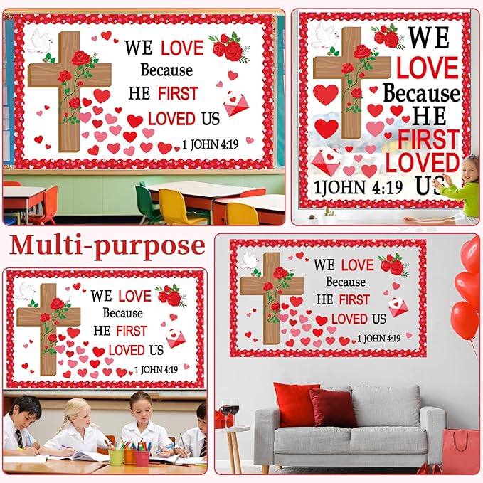 Valentine's Day Christian Bulletin Board Set Religious Bible Verse Classroom Decoration Inspirational Jesus Rose Cross Paper Cutouts Heart Bulletin Board Border for Church Sunday School VBS Wall Decor