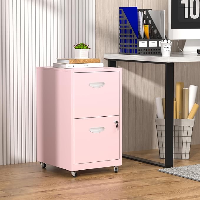 2 Drawer Rolling File Cabinet with Lock,Filing Cabinets for Home Office,Two Drawer File Cabinet, Mobile Under Desk File Cabinets,Printer Stand with Wheels Fit Letter/A4,Assembly Required
