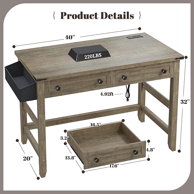 EnHomee 40" Small Desk with Power Outlets, Computer Desk with Drawers for Bedroom and Home Office, Writing Desk with Drawers and a Side Pocket, Vanity Desks for Bedroom, Dark Rustic Oak