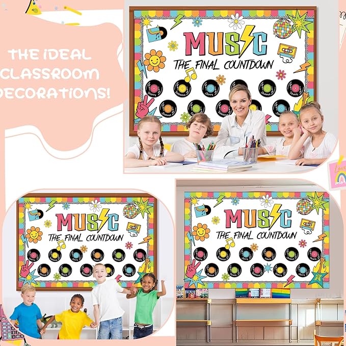 Pajean Music Bulletin Board Retro Groovy Record Classroom Decorations Music Note Flower The Final Countdown Cutouts for Back to School First Day Door Wall Window Chalkboard Supplies