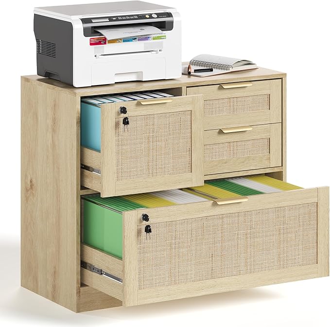 HOPUBUY Lockable 4 Drawers File Cabinet, Lateral Filing Cabinet with Printer Stand for Home Office and School, Wood Rattan File Cabinet for Hanging Files/Letter/Legal/A4/F4 Size, Natural Wood