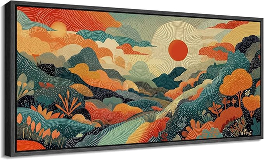SIGNFORD Extra Large Framed Canvas Whimsical Sunlit Hills Illustrations Modern Art Calm Warm for Living Room, Bedroom, Office - 60"x30"