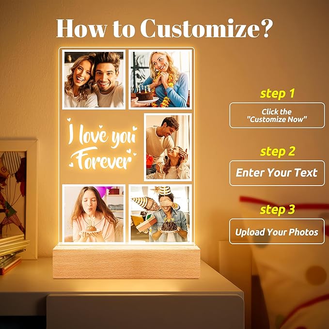 Custom Picture Frames, Customized Photo Frame with Night Light, Personalized Picture Frame, Personalized Anniversary Couples Gifts for Women Men Her Him Girlfriend Boyfriend Wife