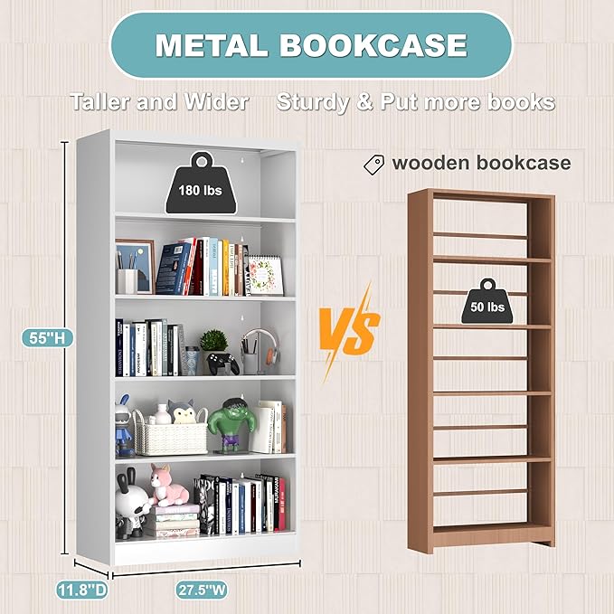Bookcase,5 Tier Bookshelf,55" Tall Free Standing Metal Bookcase with Adjustable Storage Shelves,Wide Bookshelf for Bedroom Living Room Home Office School (White)
