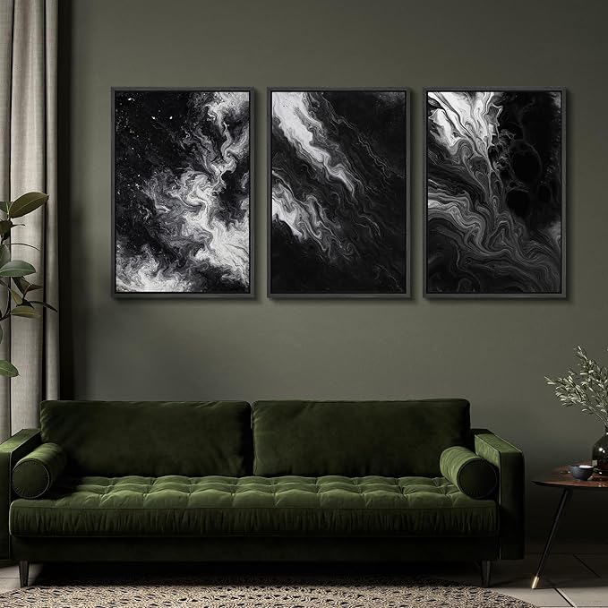 SIGNFORD Framed Wall Art Print Set Black and White Marble Abstract Modern Fluid Digital Art Modern Art Contemporary for Living Room, Bedroom, Office - 16"x24"x3 Black