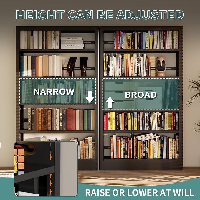 71" Metal Book Shelf,5 Tier Bookshelf with Adjustable Shelves,Black Bookshleves and Bookcases,Heavy Duty Library Book Case,Modern Open Bookshelf for Living Room,Bedroom,Office (Black)