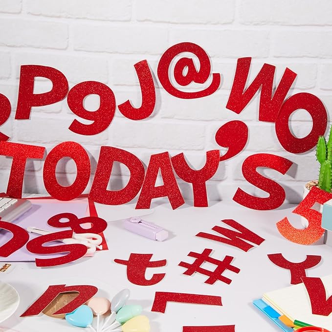 Colarr 216 Pcs Glitter Bulletin Board Letters for Classroom Number Alphabet Punctuation Symbol Cutout 4'' Die-Cut Poster Letter with Adhesive Dot School Party Holiday Decor Display(Red)