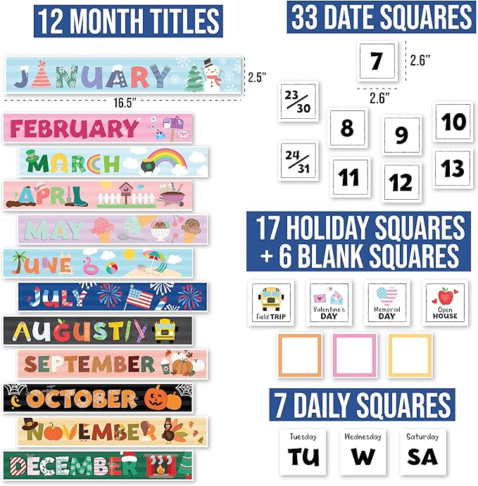 Hadley Designs Classroom Calendar Set Bulletin Board Decorations - Colorful School Calendar for Classroom Decor, Kindergarten Preschool Elementary Teacher Must Haves, Homeschool & Daycare Essentials