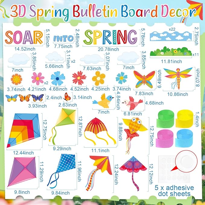 Pajean 68 Pcs Spring Bulletin Board Decoration Set 3D Kite Bulletin Boards with Tissue Paper Soaring Into Spring Classroom Decor Cutouts for School Home Classroom Chalkboard Wall Supplies Decor