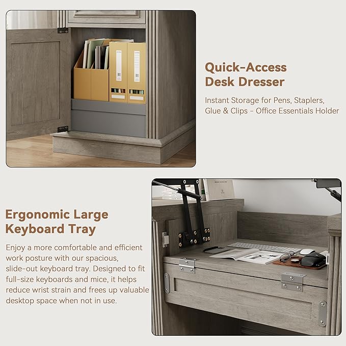 Farmhouse 57" Lift Up Executive Desk with 5 Drawers and Charging Station, Wood Home Office Computer Desk with File Cabinet Storage, Keyboard Tray,Headphone Hook for Work,Study (Grey)