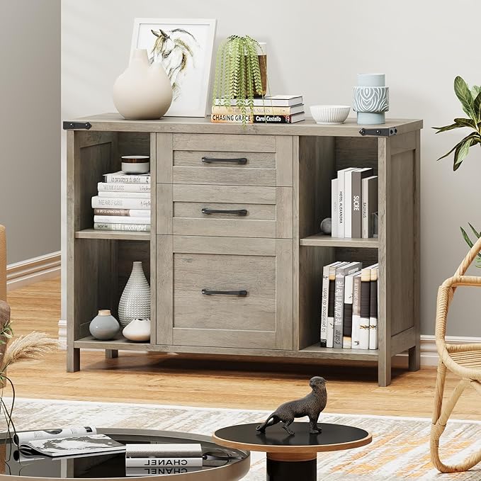 Farmhouse File Cabinet, Lateral Filing Cabinet with 3 Drawers for Letter/A4 Size Hanging Files, Large Wooden Printer Stand with Adjustable Shelves for Home Office, Rustic Grey