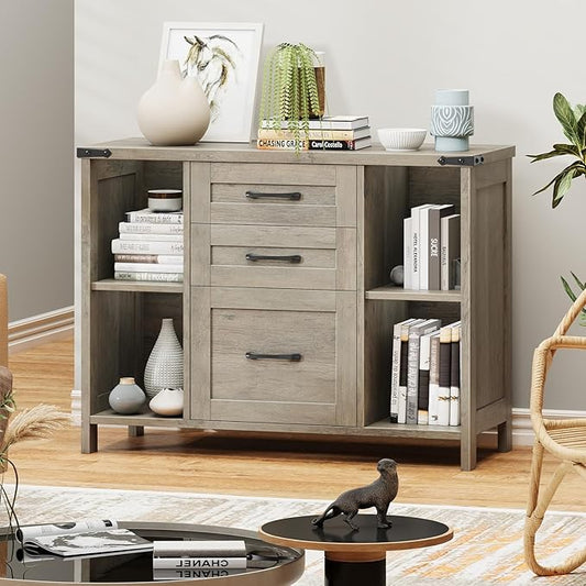 Farmhouse File Cabinet, Lateral Filing Cabinet with 3 Drawers for Letter/A4 Size Hanging Files, Large Wooden Printer Stand with Adjustable Shelves for Home Office, Rustic Grey
