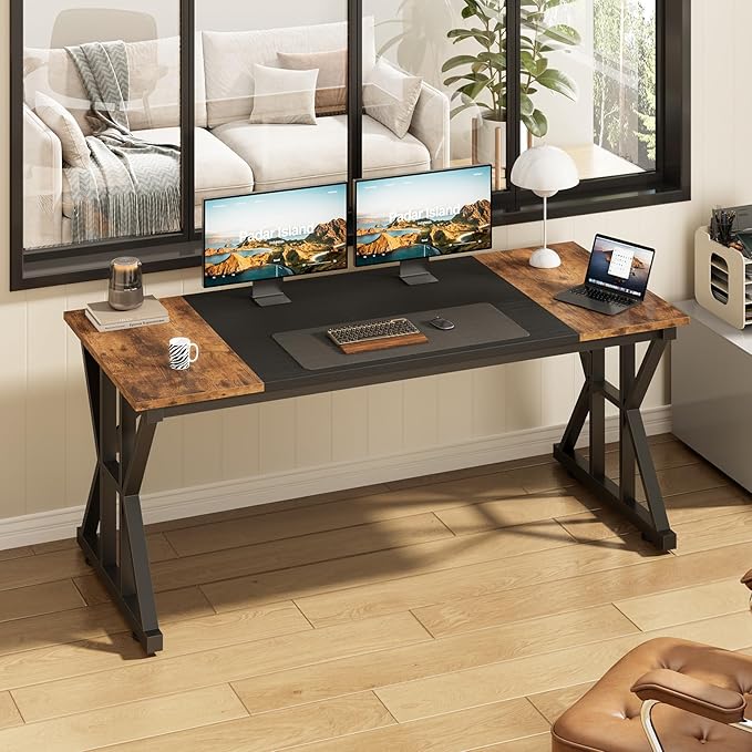 TVU Computer Desk, 55 inch Large Office Desk, Study Writing Table with Thicken Frame, Gaming Desk, Modern Simple Desk for Home Office, Rustic Brown/Black