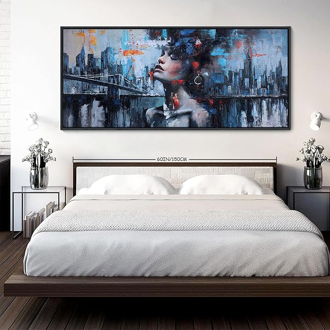 YDYSUNE Navy Blue Painting Wall Art Black Woman Picture for Living Room modern Home Bedroom Decoration New York City Framed Artwork Decor 70x31IN