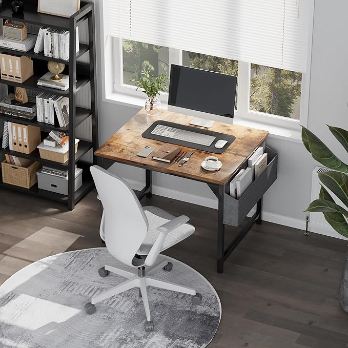Shahoo 32 Inch Computer Desk, Wood Modern Simple Home Office Table for Small Spaces with Storage Bag and Headphone Hook for Home, Office, Study, Writing, Rustic Brown
