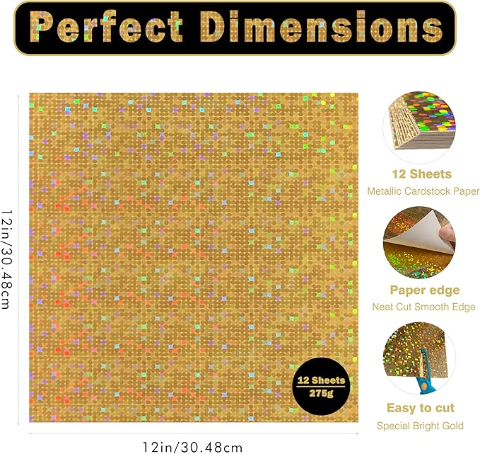 Holographic Gold Cardstock Paper 12x12 Inch, 12 Sheets Heavy Weight 92lb/250GSM Iridescent Mirror Finish for Scrapbooking, Wedding Invitations, Card Making, Party Decorations ﻿