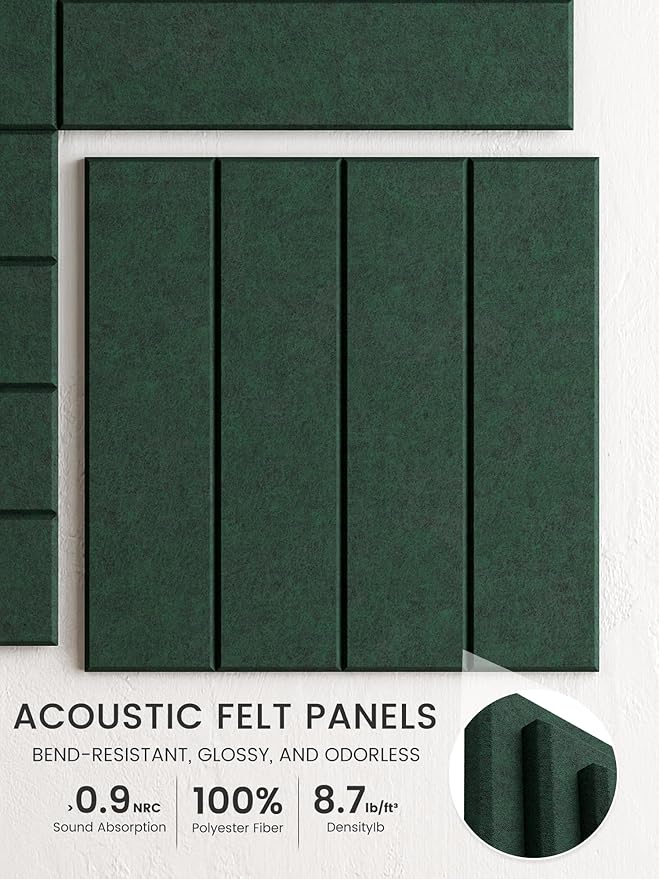 Bumusty Large Cork Board Alternative-36 x 24" Felt Bulletin Board Tiles, with 30 Pushpins, 40 Adhesive Tabs, 6-Pack Slat Wall Paneling, Cork Boards for Office Push Pin Board Felt Board-Pine Green