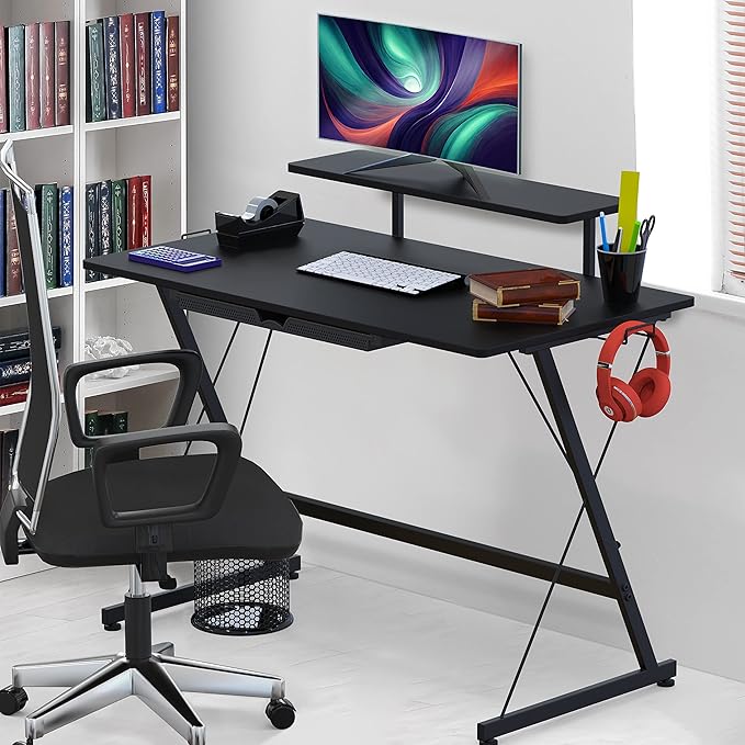 SHW 40-Inch Gaming Desk with Monitor Riser, Drawer and Hooks, Black