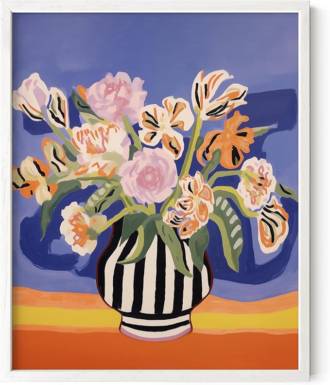 HAUS AND HUES Floral Art Wall Decor - Wildflowers Wall Art for Living Room, Floral Artwork for Bedroom Walls, Flower Painting for College Girls Dorm Room (Striped Vase, White Frame, 16x20)