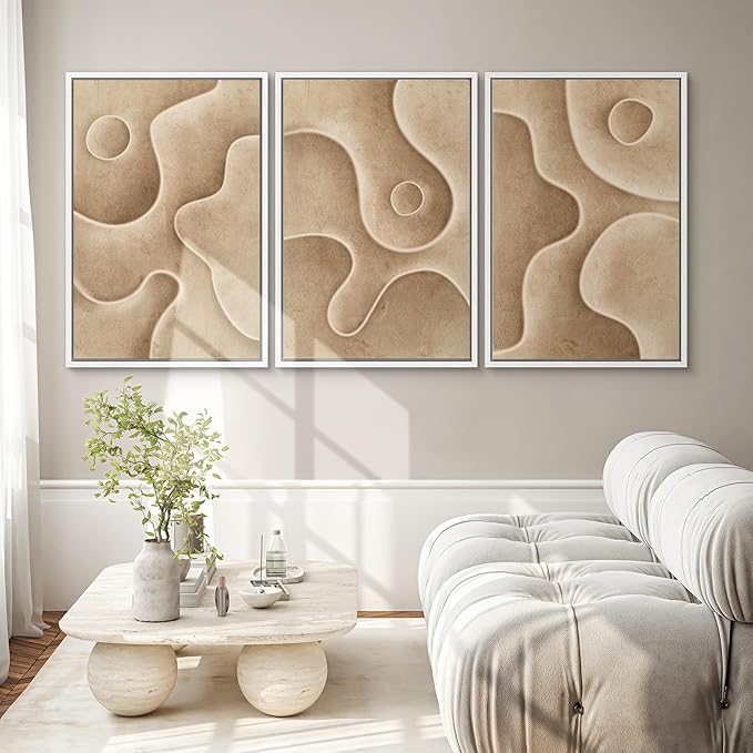 SIGNWIN Framed Canvas Print Wall Art Set Textured Sand Art Organic Curved Shapes in Neutral Tones Illustrations Modern Art Decorative Abstract for Living Room, Bedroom, Office - 16"x24"x3 White