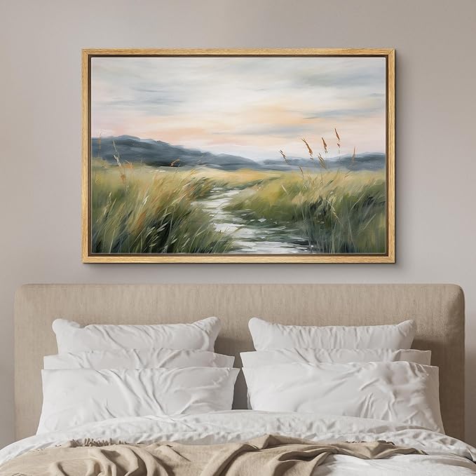 SIGNFORD Framed Canvas Print Wall Art Sunset Mountain Swamp Marsh River Lake Nature Wilderness Illustrations Digital Art Modern Art Decorative Multicolor Rustic Minimal for Bedroom - 24"x36" Natural