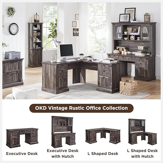 OKD 60" L Shaped Executive Desk with Drawers, Farmhouse Home Office Desk with Charging Station, File Cabinet Storage, Wood Corner Computer Desk for Work and Study, Dark Rustic Oak
