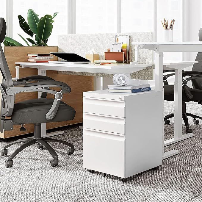Filing Cabinet 3 Drawer, Locking File Cabinets for Home Office, Mobile Filing Cabinet for A4/Letter/Legal Size File Folders, Fully Assembled, Matte White