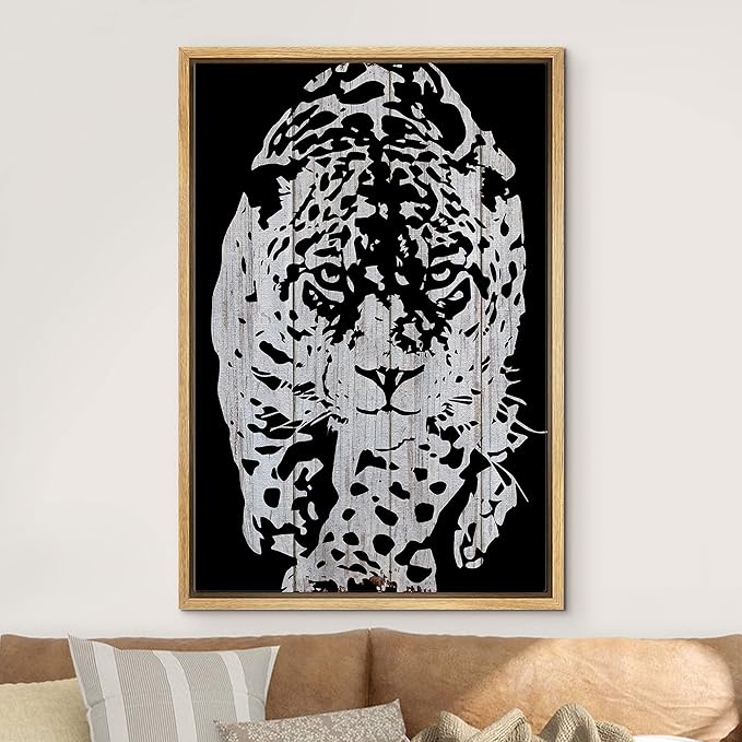 IDEA4WALL Framed Canvas Print Wall Art Grayscale Spotted Leopard Stalking on Wood Panels Animals WildLife Illustrations Modern Art Tropical Portrait for Living Room, Bedroom, Office - 16"x24" NATURAL