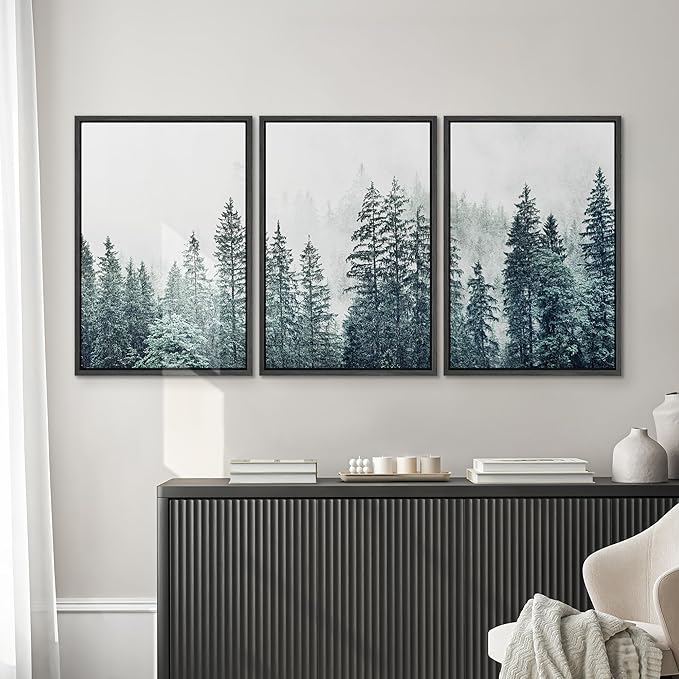 SIGNWIN Framed Canvas Print Wall Art Woodland Nursery Decor Set Film Grain Misty Mountain Pine Trees Nature Wilderness Modern Art Chic Landscape for Living Room, Bedroom, Office - 16"x24"x3 Black