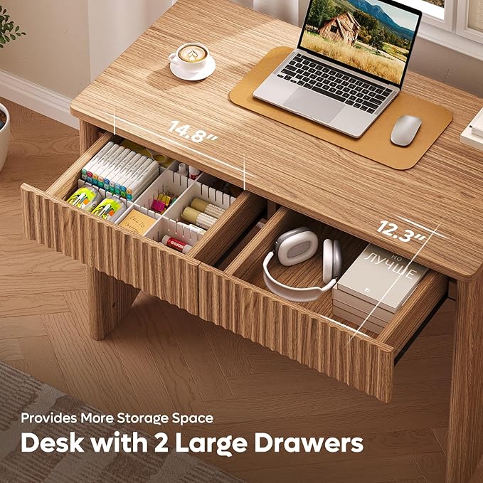 Bestier 40 Inch Fluted Wood Computer Desk with Drawers, Modern Home Office Desk, Compact Writing Desk, Laptop PC Desk for Bedroom, Studio, Study Room, Small Space & Dorm