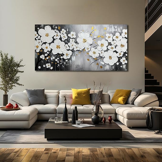 WDHCG Flower Hand Painted Wall Art For Office Women - Large Modern Art Wall Decor For Living Room - White Huge Canvas Wall Art For Bedroom Size 36 x 72 Inch