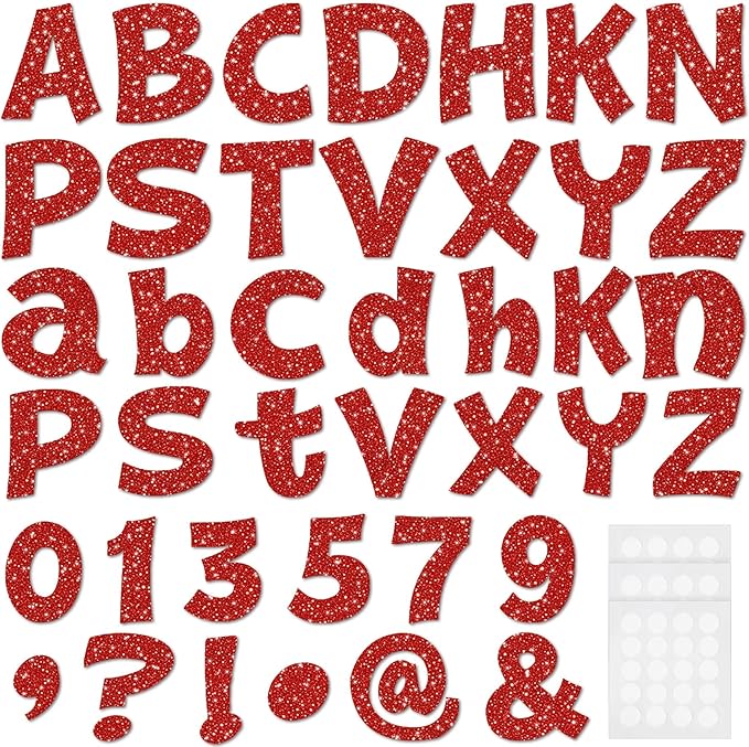 Colarr 216 Pcs Glitter Bulletin Board Letters for Classroom Number Alphabet Punctuation Symbol Cutout 4'' Die-Cut Poster Letter with Adhesive Dot School Party Holiday Decor Display(Red)