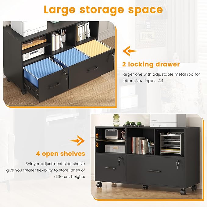 2 Drawer Wood Mobile Large Lateral File Cabinet, Lockable Rolling Filing Cabinet with Storage Shelves, Printer Stand Office Storage Cabinet for Home Office Fits Files Legal/A4, Black