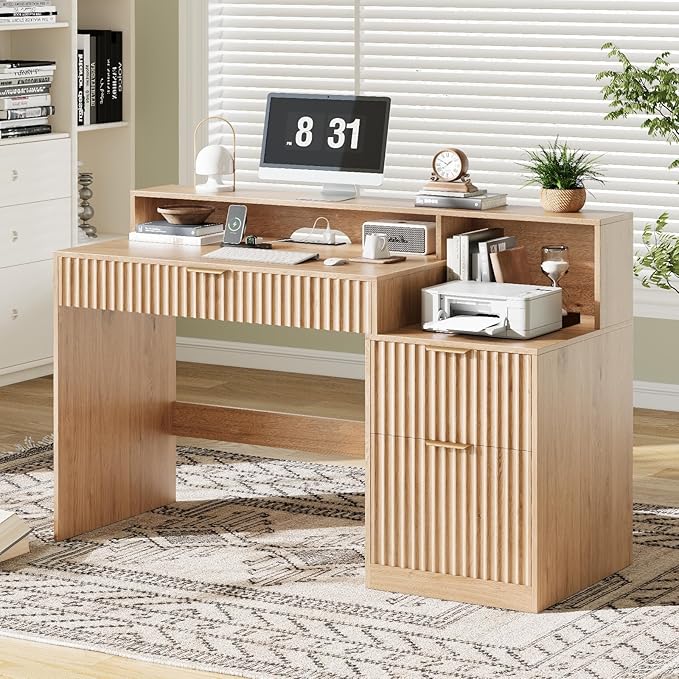 Vabches Fluted Computer Desk with Drawers, Home Office Desk with Power Outlets, Printer Stand and Storage Cabinet, Study Writing Desks with Long Monitor Stand, Oak
