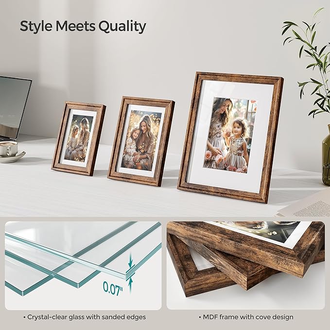SONGMICS Picture Frames with 16 Mats, Set of 10 Collage Photo Frames, Two 8x10, Four 5x7, Four 4x6 Frames, Hanging or Table Display, Glass, 12 Non-Trace Nails, Rustic Brown URPF049X01