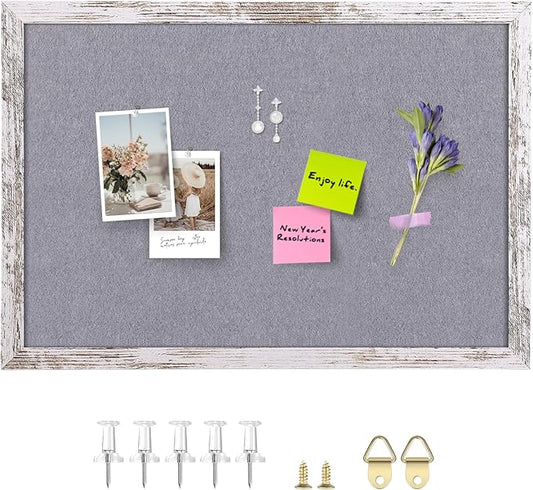 Gray Felt Bulletin Board, 23.6x15.7 inches Decorative Hanging Bulletin Boards for Walls with White Rustic Wood Frame, Pin Board Vision Board for Office Home School with Pins (4060,WH,1pc)