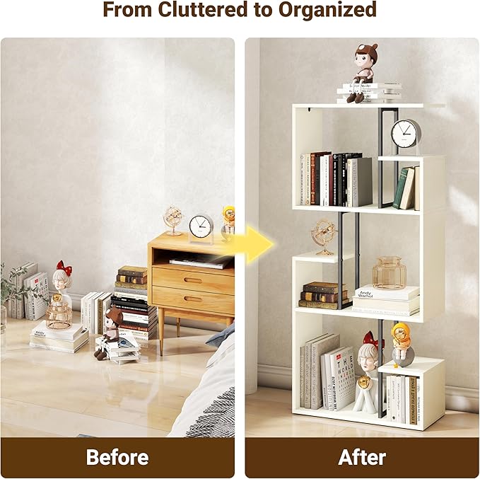 Manora 3 Tier Geometric Bookcase, S Shaped Bookshelf, Modern White Bookcase with Tall Display Shelves, Decorative Storage Shelf for Living Room and Bedroom
